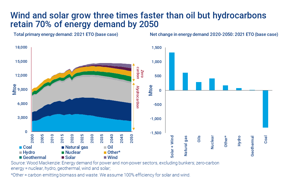 Chart shows wind and solar grow three times faster than oil but hydrocarbons retain 70% of energy demand by 2050