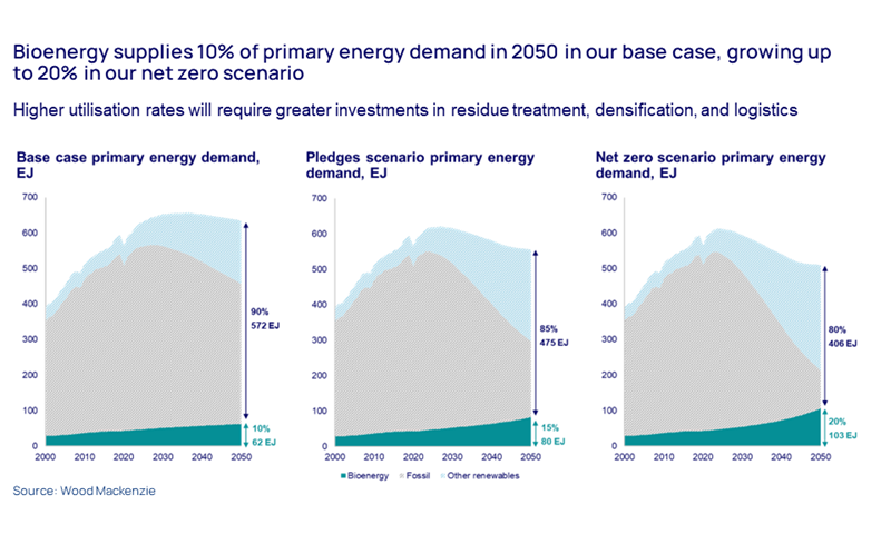 Charts show Bioenergy supplies 10% of primary energy demand in 2050 in our base case, growing up to 20% in our net zero scenario