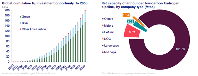 Wood Mackenzie considers several hydrogen production methods within the low-carbon hydrogen category. Most prominent is green hydrogen, produced via electrolysis, water and renewable electricity, and blue, produced via natural gas reformation and carbon capture and sequestration (CCS). We consider other methods of low-carbon production as well, such as biomass gasification, methane pyrolysis, algae and more, although these methods are much less commercial today.