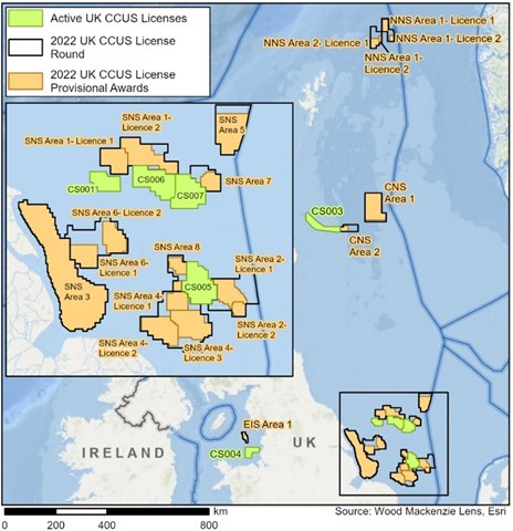 Map shows NSTA’s provisional license awards in the UK’s first carbon storage bid round