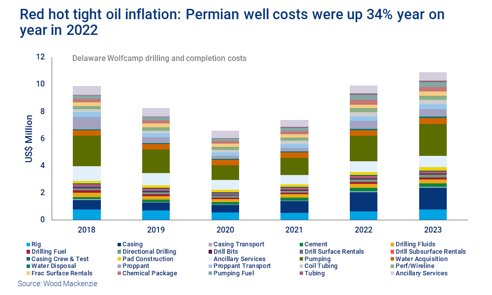Chart shows Delaware Wolfcamp drilling and completion costs. Permian well costs were up 34% year on year in 2022 