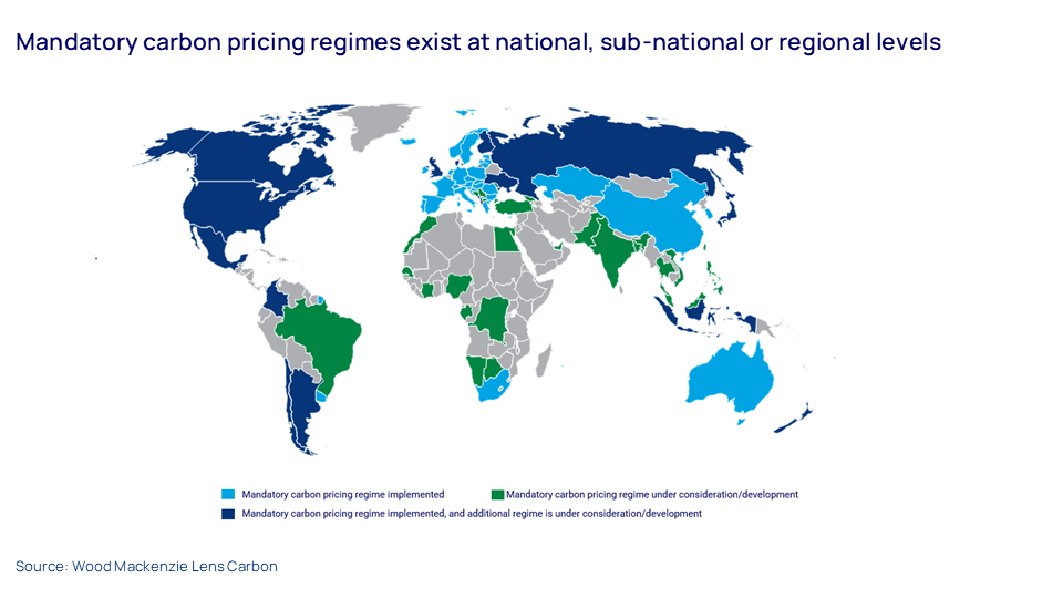 Map shows Mandatory carbon pricing regimes exist at national, sub-national or regional levels 