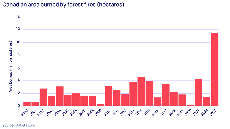 Graph shows Canadian area burned by forest fires