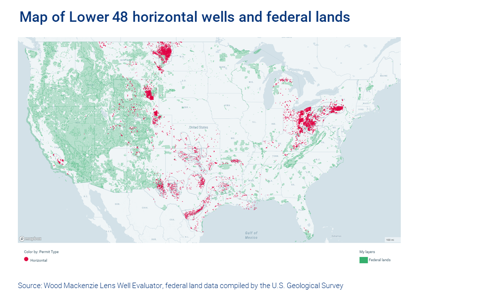 Map of Lower 48 horizontal wells and federal lands
