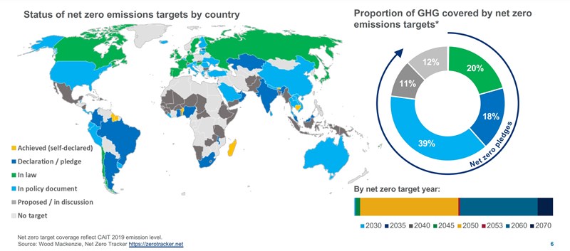 Chart showing net zero emission targets by country