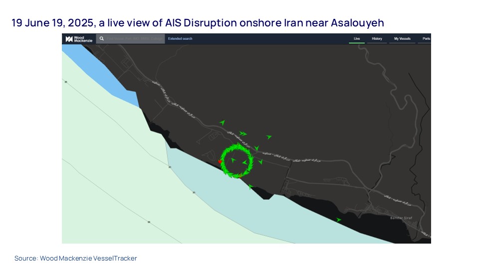 19 June 19, 2025, a live view of AIS Disruption onshore Iran near Asalouyeh
