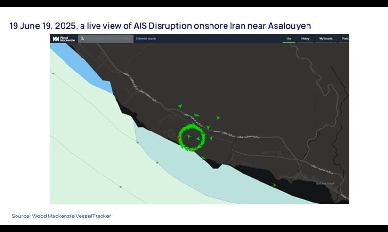 19 June 19, 2025, a live view of AIS Disruption onshore Iran near Asalouyeh