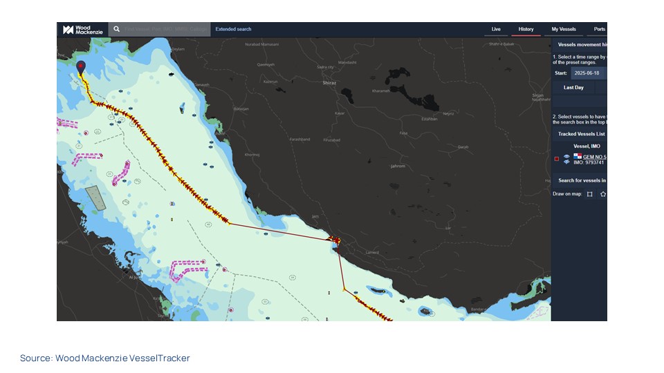 One of the vessels (the Gem No. 5) that was shown onshore near Asalouyeh in the live view continued to the Basrah Offshore Terminal to load Iraqi crude.
