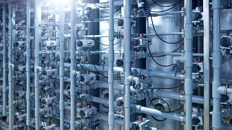 A row of metal pipes and valves in a factory.