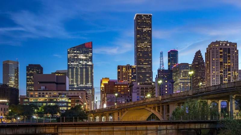 Early evening view of northern end of downtown Houston as seen from the juncture of White Oak and Buffalo Bayous.