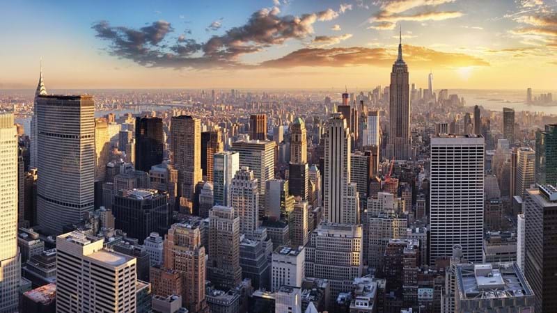 Panoramic view of New York City Skyline at sunset. NYC, USA