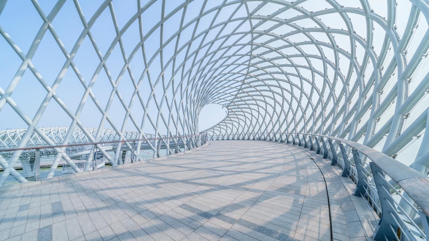 Modern geometrically covered bridge, shot in Suzhou city, China.