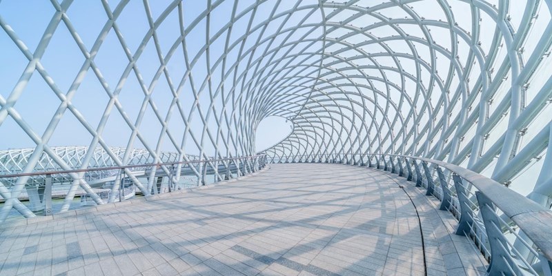 Modern geometrically covered bridge, shot in Suzhou city, China.