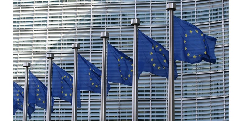 A row of EU flags rippling in the breeze, outside the Parliament Building, Strasbourg, France.