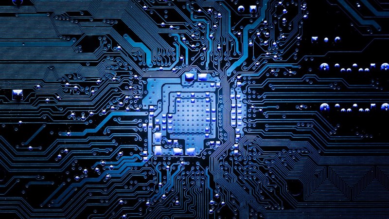 An image of a circuit board with blue lights.