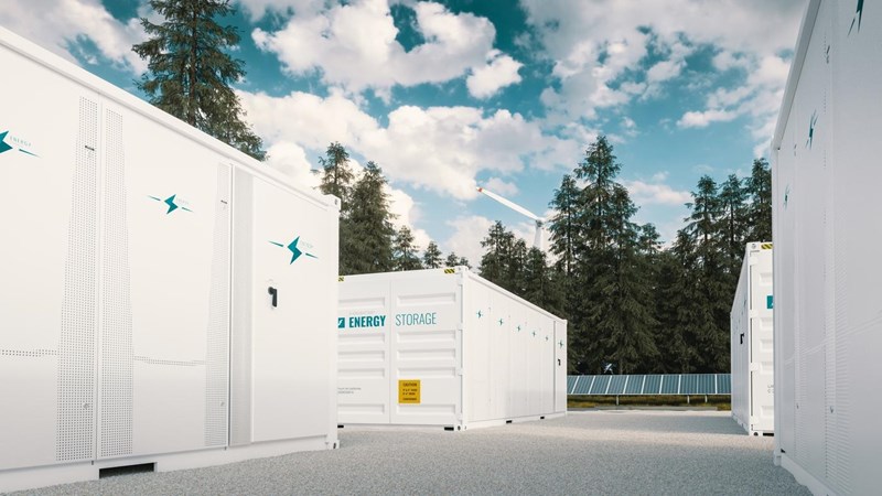 Modern container battery green energy storage system accompanied with solar panels and wind turbine situated in nature 3d rendering.