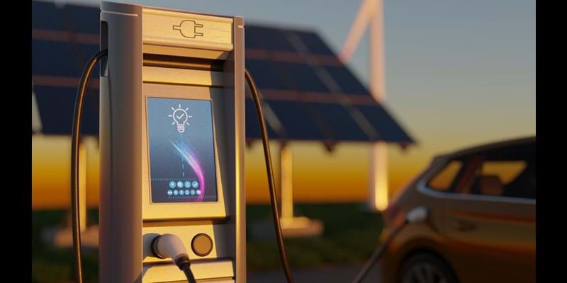 Electric car charging with wind turbines and solar panels in the background.