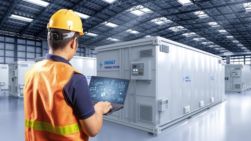 Engineer controlling energy storage system or battery container unit in factory.