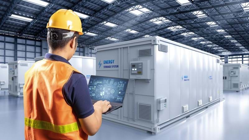 Engineer controlling energy storage system or battery container unit in factory.