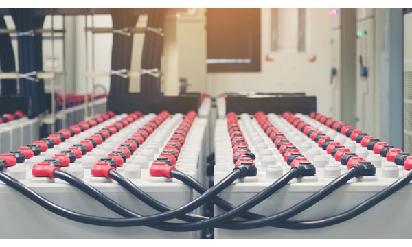 Battery pack in battery room in power plant for supply electricity in plant during shutdown phase, Rows of batteries in industrial backup power system.