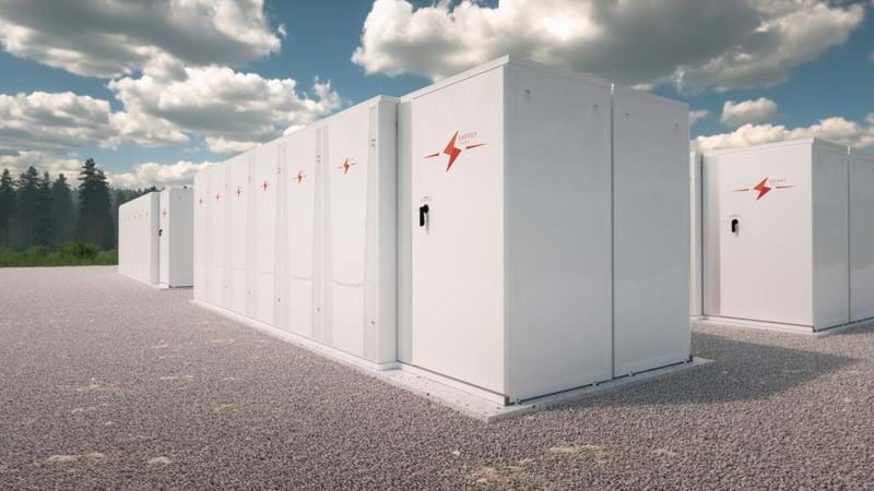 Banks of white electricity storage units in a gravelled space, trees in the distance, on a cloudy day. 