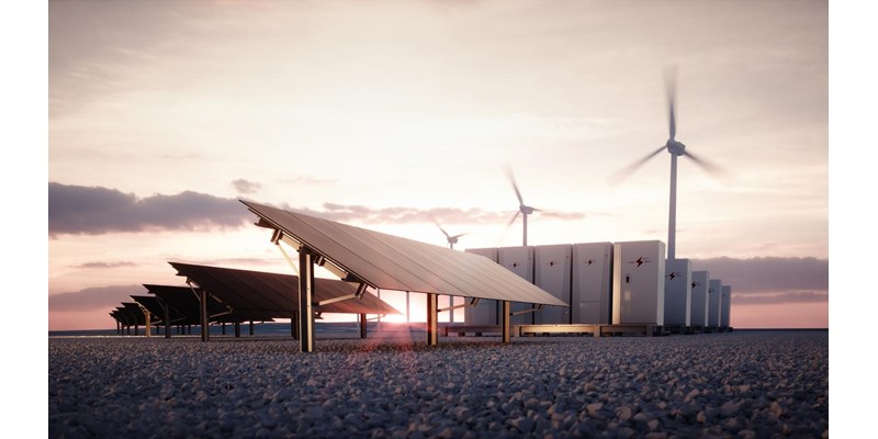 Dawn of new renewable energy technologies. Modern, aesthetic and efficient dark solar panel panels, a modular battery energy storage system and a wind turbine system in warm light. 3D rendering.