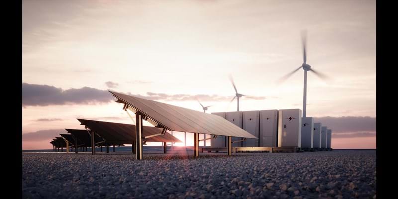 Dawn of new renewable energy technologies. Modern, aesthetic and efficient dark solar panel panels, a modular battery energy storage system and a wind turbine system in warm light. 3D rendering.