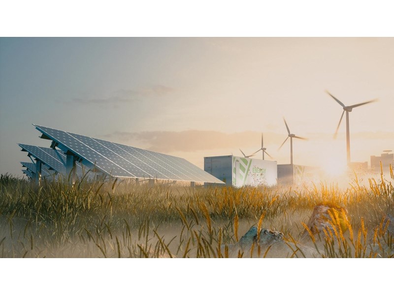 Concept of renewable energy solution in beautiful morning light. Installation of solar power plant, container battery energy storage systems, wind turbine farm and city in background. 3d rendering.