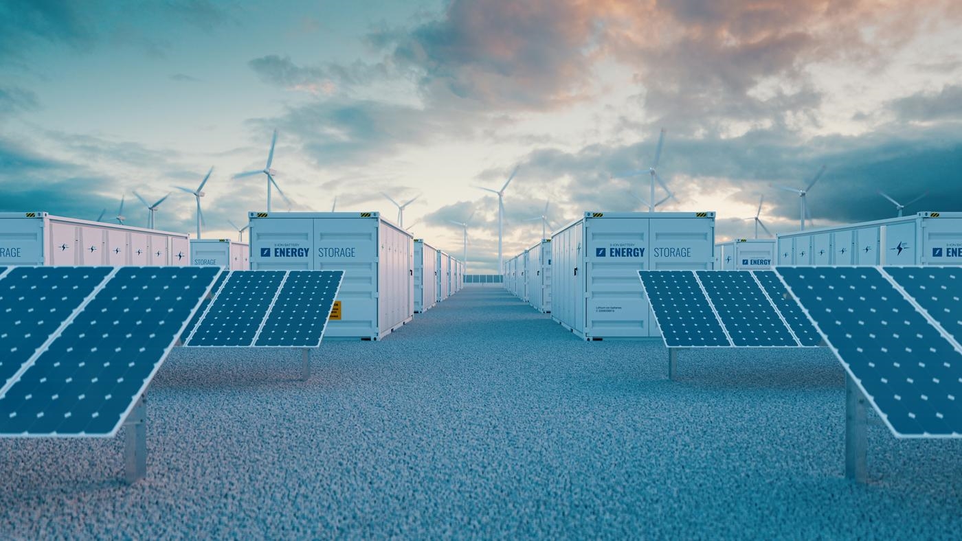 Battery storage power station 
accompanied by solar and wind  turbine power plants. 3d rendering.