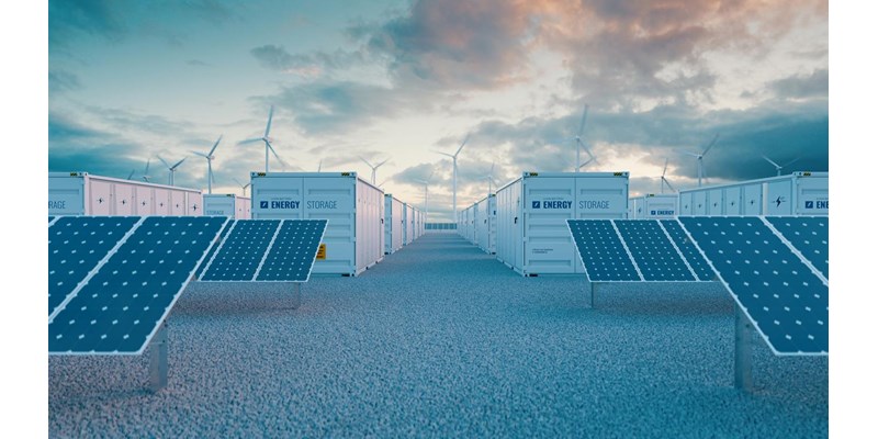 Battery storage power station 
accompanied by solar and wind  turbine power plants. 3d rendering.