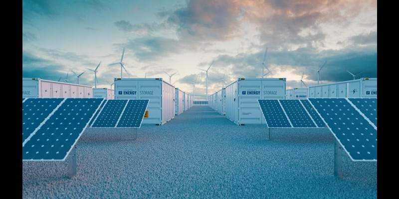 Battery storage power station 
accompanied by solar and wind  turbine power plants. 3d rendering.
