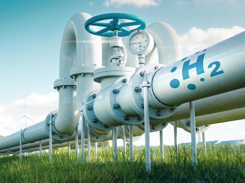 3D render of hydrogen pipelines in a field with wind turbines in the distance.