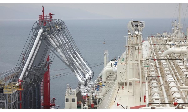 Oil and gas industry - liquefied natural gas tanker LNG under cargo operations.