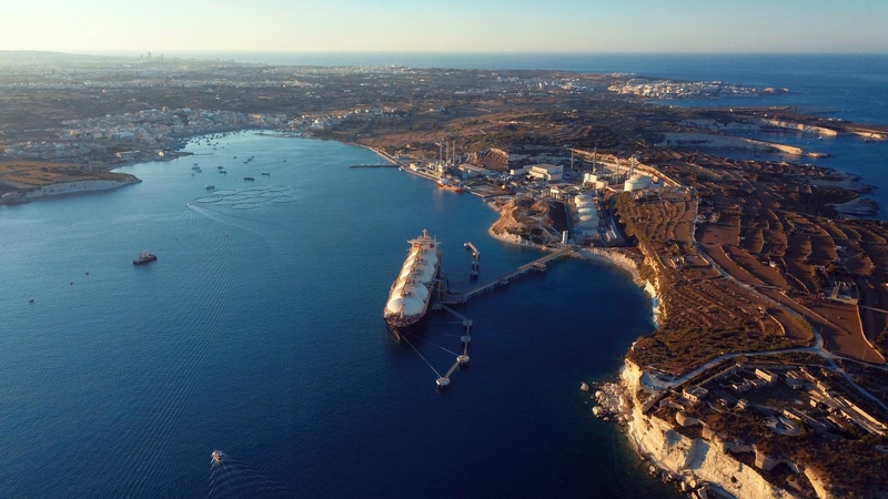 High angle view of a tanker supplying chemicals to the power station.