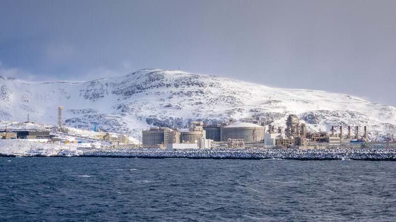 Enormous LNG (liquefied natural gas) site on Melkøya island, Hammerfest, the northernmost town in the world, Troms og Finnmark, Norway.