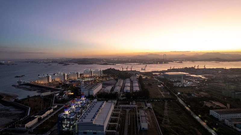 Aerial view of a gas-fired power plant at night in Fujian Province, China. electricity, energy, LNG, carbon footprint,