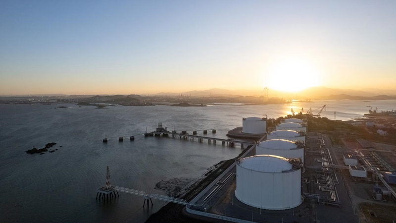 Aerial view of the LNG natural gas terminal at sunset in Fujian Province, China. carbon footprint, energy, heavy industry