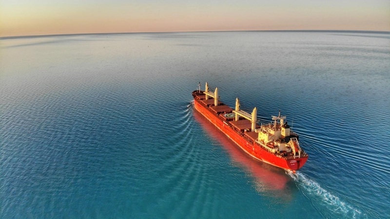 Lone empty container ship in an open expanse of water.