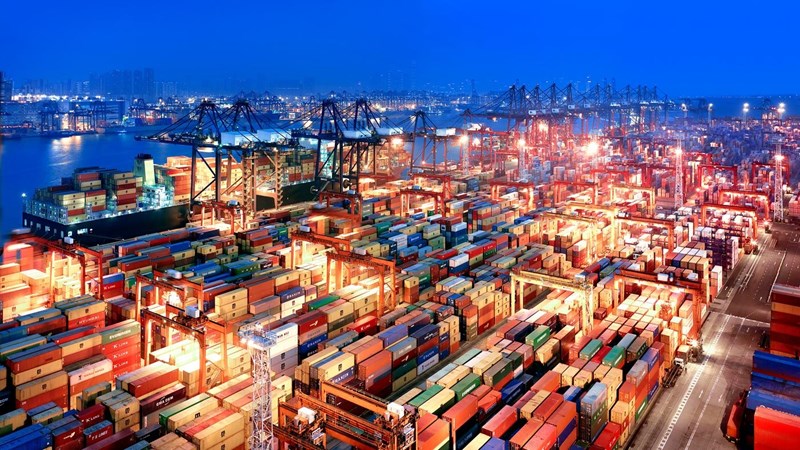 The Hong Kong Container Terminal at dusk.