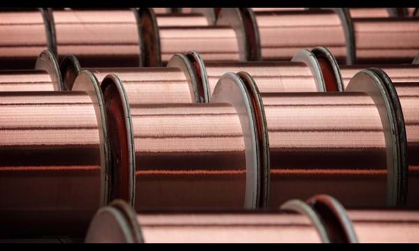 Spools of copper wire in a factory.