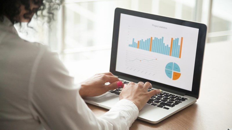 Businesswoman analysing statistics on laptop screen, working with financial graphs charts online, using business software for data analysis and project management concept, rear close up view