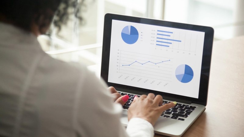 Project manager using laptop computer app preparing report, analysing financial market graphic rates on screen, software for data analysis and business statistics concept, close up rear view