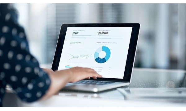 Cropped shot of a businesswoman using a laptop at her desk in a modern office, looking at data charts.