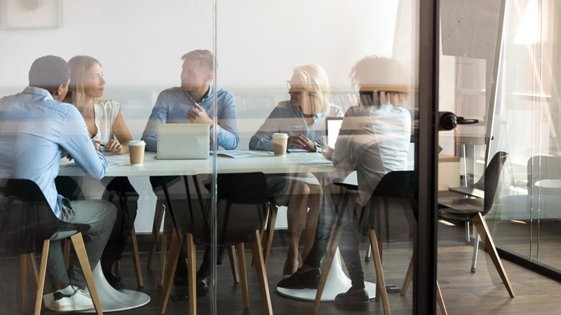 Advertising department brainstorming at modern office boardroom behind closed doors, view through the glass wall. Diverse staff led by ceo discussing new project sharing ideas thoughts and sales pitch
