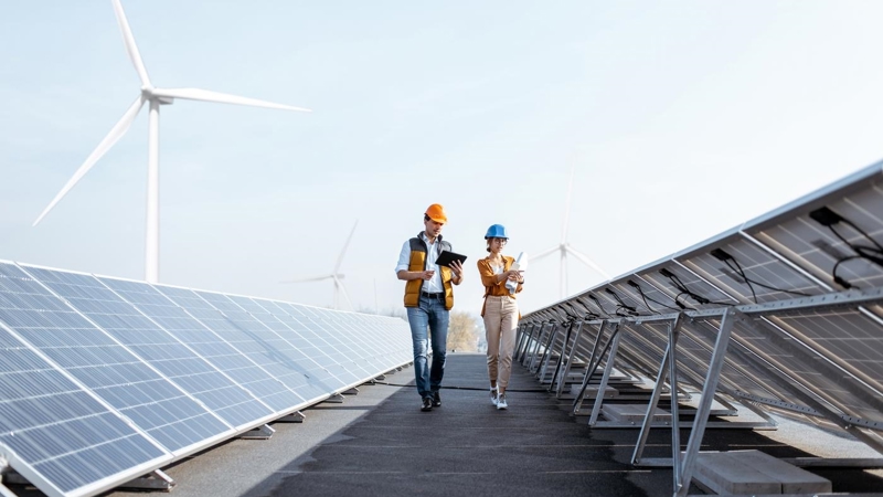 Two workers walking on a roof between two rows of solar panels and wind turbines.