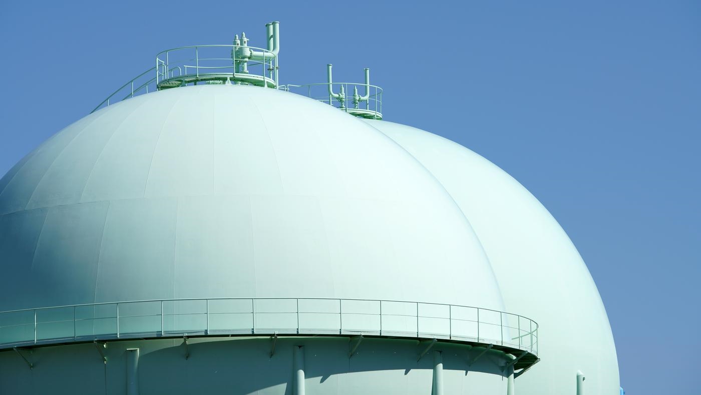 Sphere gas tanks in petrochemical plant against the blue sky.