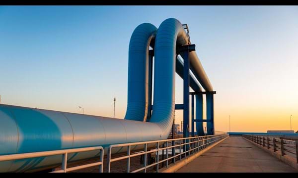 Blue pipes going to oil refinery from a port, during sunrise.