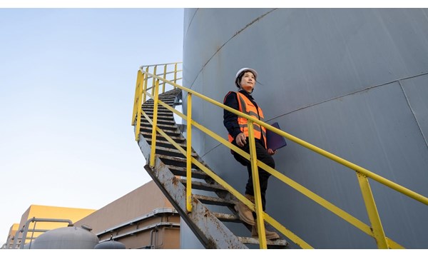 A female engineer walking dow the exterior steps of a fuel tank, at a chemical plant.