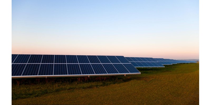 Rows of solar panels in a field, blue sky in the background.