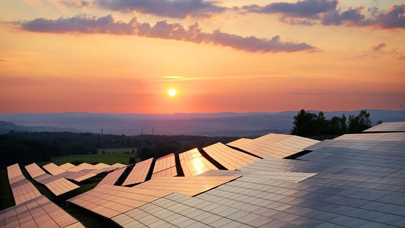 Rows of solar panels on hilltops during sunset.